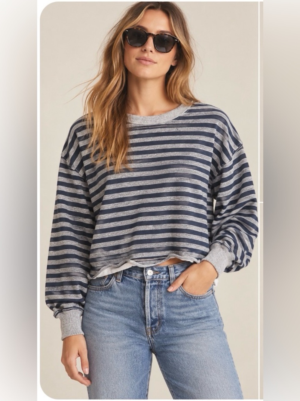 The Great. Navy/Grey Stripe Cropped Sweatshirt
